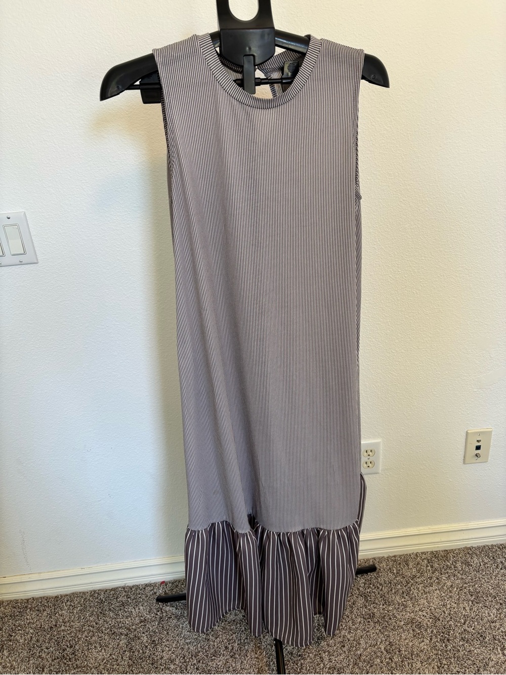 ASOS Taupe Sleeveless Ribbed Maxi Dress with Striped Ruffle Hem